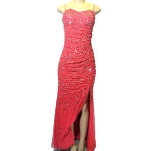 y2k Cache Watermelon Silver Sequin Beaded Ruched Full Length Gown w/ Slit size 4